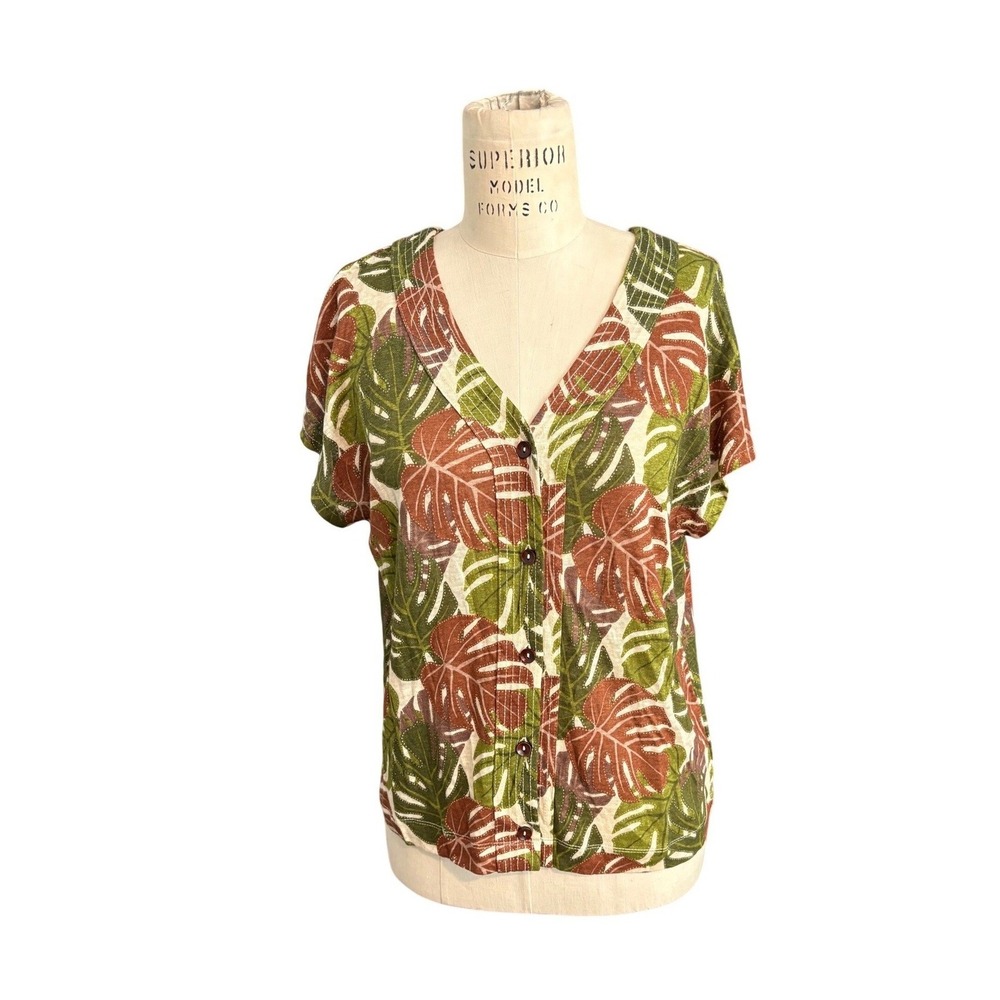 Tahari Women's Button Front Cap Sleeve Top Tropical Leaf 100%‎ Linen Size S